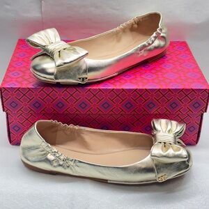TORY BURCH LIGHT GOLD LEATHER DIVINE BOW GOLD REVA BALLET FLATS 7.5